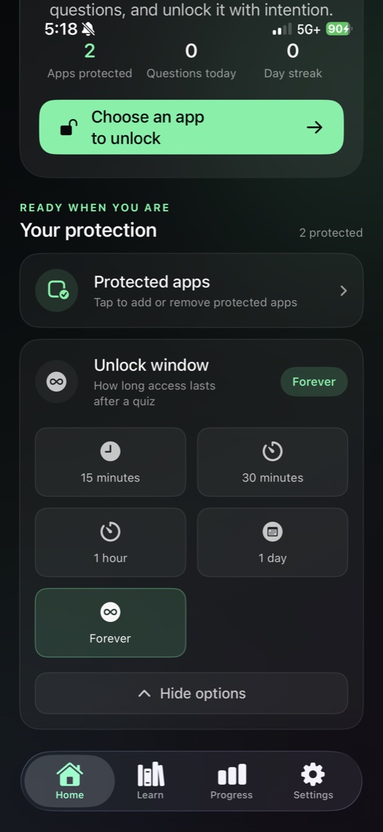 QuizScreen unlock duration options: 15 minutes, 30 minutes, 1 hour, 1 day, or Forever